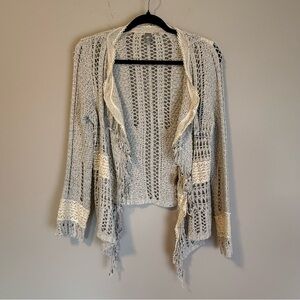 Anthropologie Knitted & Knotted Gray Open Knit Lace Trim Cardigan Sweater Size M